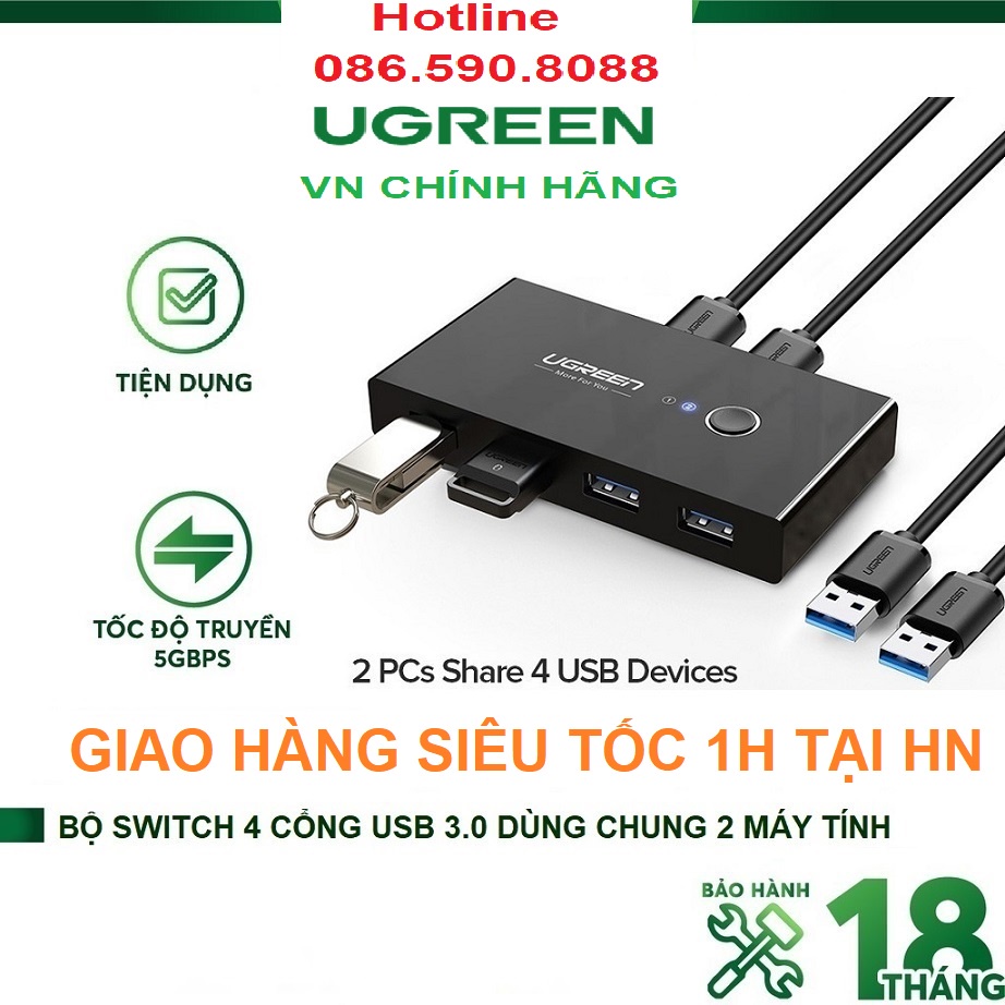 Thiết Bị Chia Sẻ 4 USB 3.0 Cho 2 Máy Tính Cao Cấp Ugreen 30768 - Chính Hãng Bảo hành 18 tháng