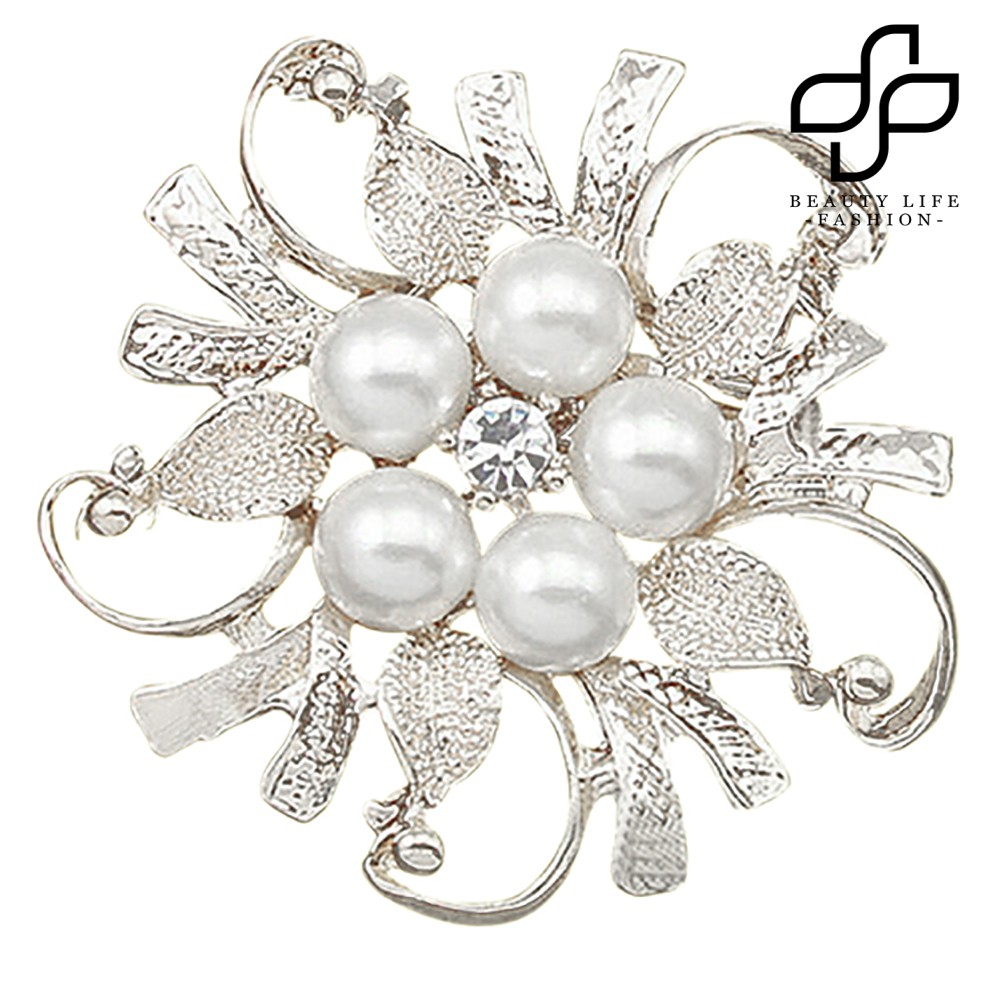 【NEW】Flower Brooch Pin Rhinestone Crystal Faux Pearl Bouquet Bridal Wedding Jewelry