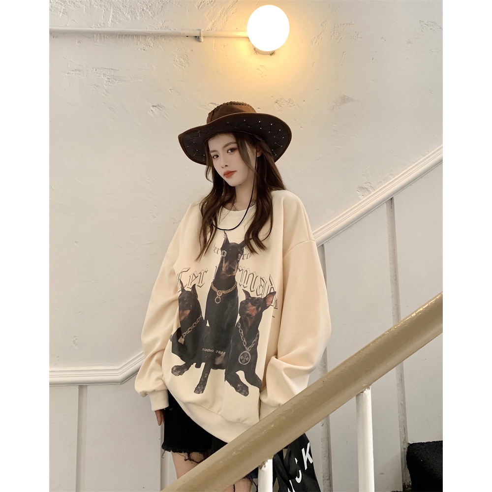 Áo len cổ tròn tay dài dáng rộng in họa tiết phong cách Mỹ cổ điển thời trang cho nữ