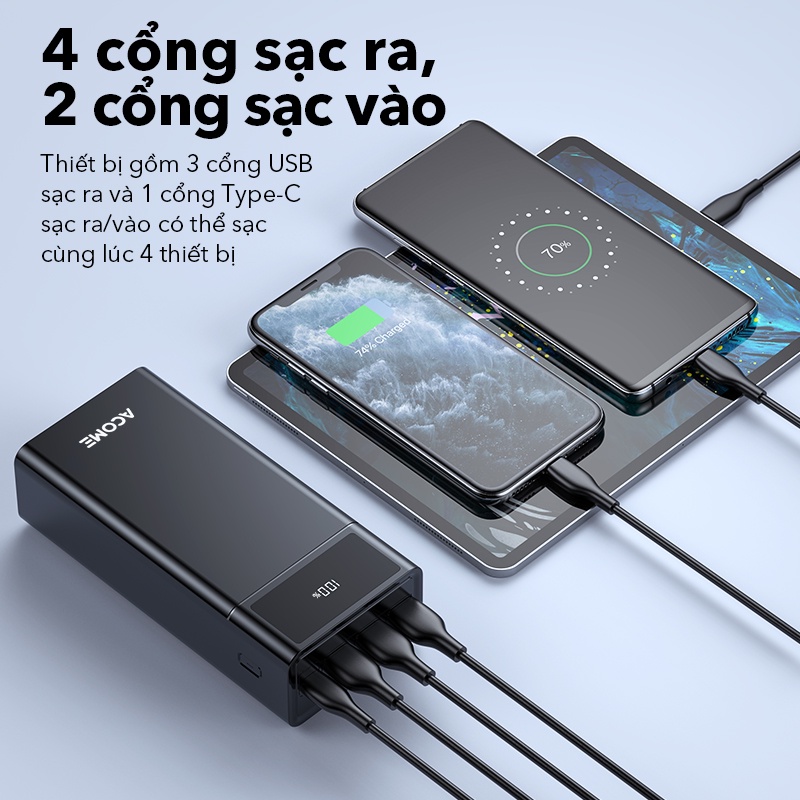 Pin Sạc Dự Phòng ACOME AP401 Dung Lượng Lớn 40000mAh Sạc Nhanh Nhiều Thiết Bị 4 Cổng Sạc Ra 2 Cổng Sạc Vào