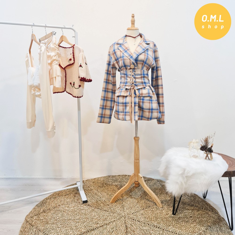 Áo blazer sọc caro kèm đai eo đan dây phong cách retro nữ tính (có hình thật) | BigBuy360 - bigbuy360.vn