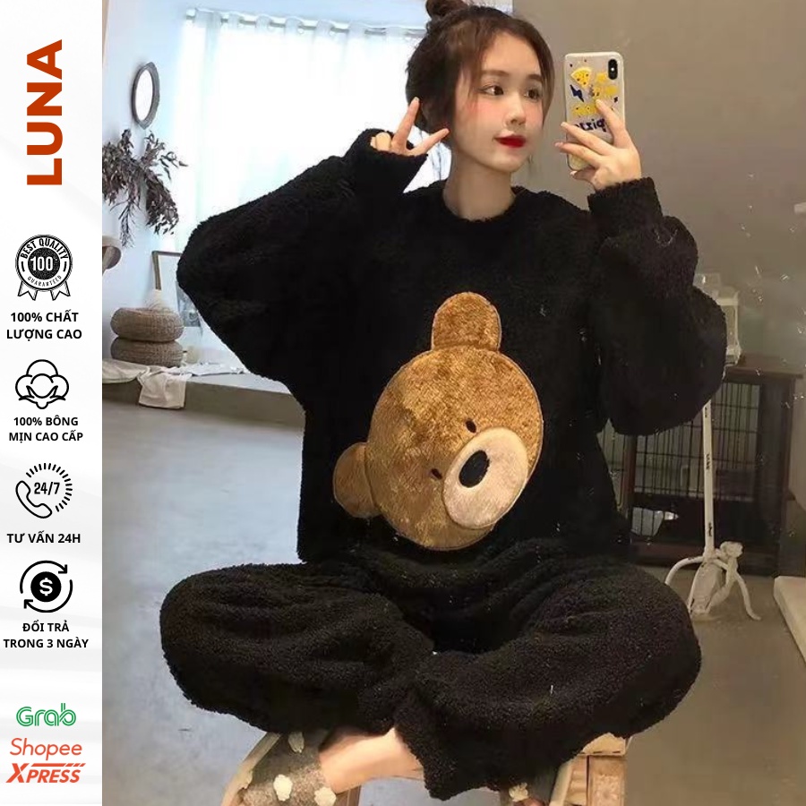 Bộ ngủ bông LUNA thêu hoạ tiết gấu, heo, báo hồng, đồ ngủ nữ dài tay thu đông, chất lông nhung mềm mịn 2 mặt, pijama đôi