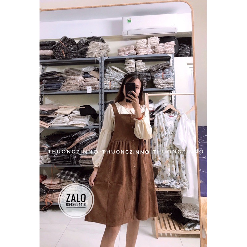 [Ảnh thật/Video] Set yếm nhung vintage dáng babydoll kèm áo cổ sen tiểu thư Set yếm vintage phong cách Hàn Quốc
