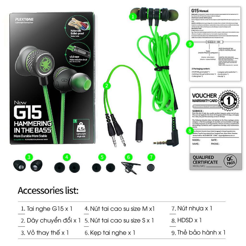 Tai nghe Gaming nhét tai giá rẻ Plextone G15 dài 1.2m, tai nghe chơi game Pubg Mobile có Microphone