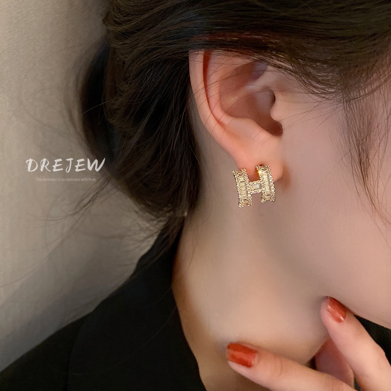 DREJEW Khuyên Tai Chữ H Mạ Vàng Bạc Đính Đá Sang Trọng Cao Cấp