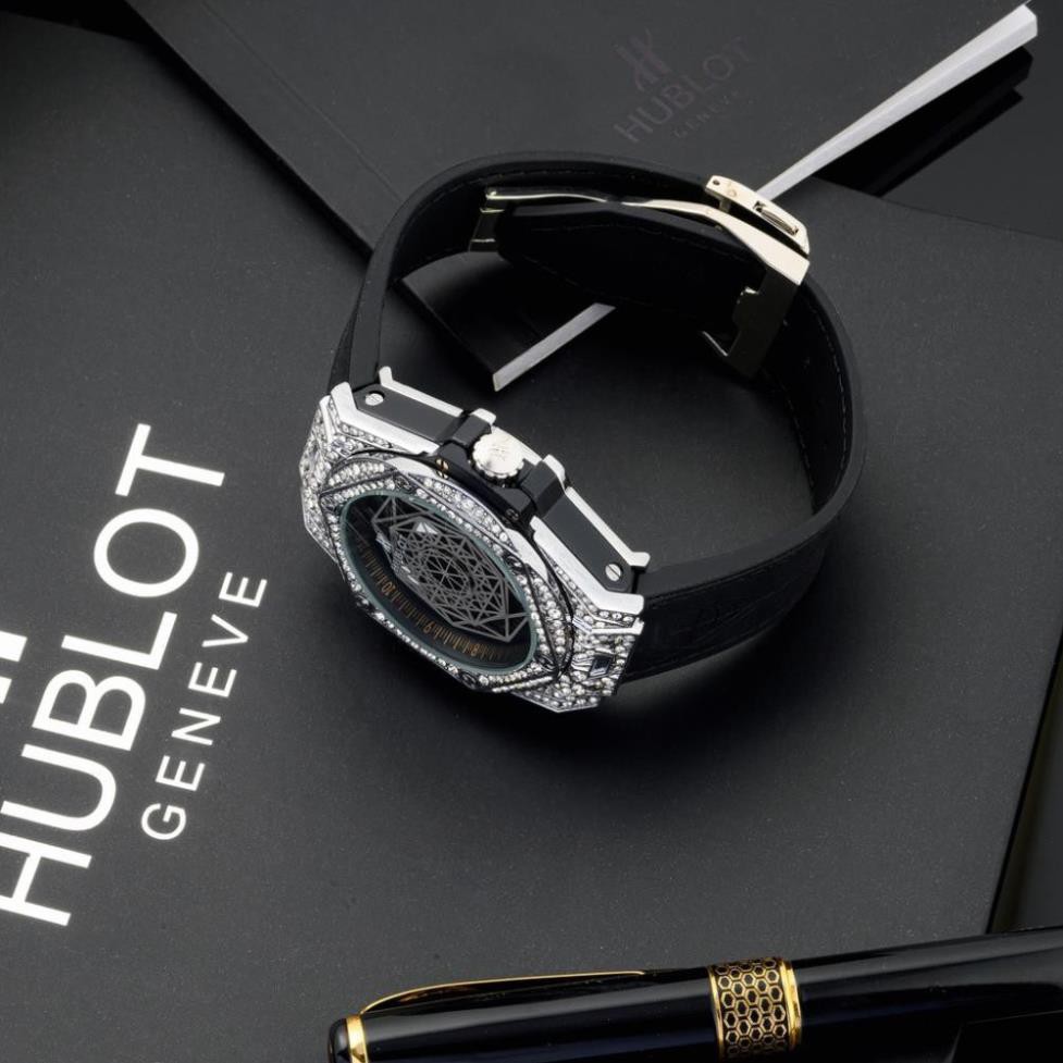 Đồng hồ nam Hublot mặt tròn size 42- đa giác đính đá, dây da chống nước DH604  shop105