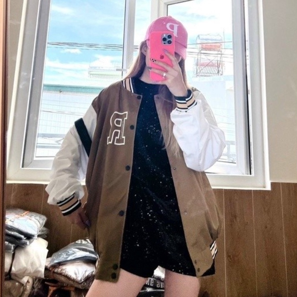 Áo khoác dù bomber jacket phối tay CHỮ R form rộng unisex nam nữ 1HIT