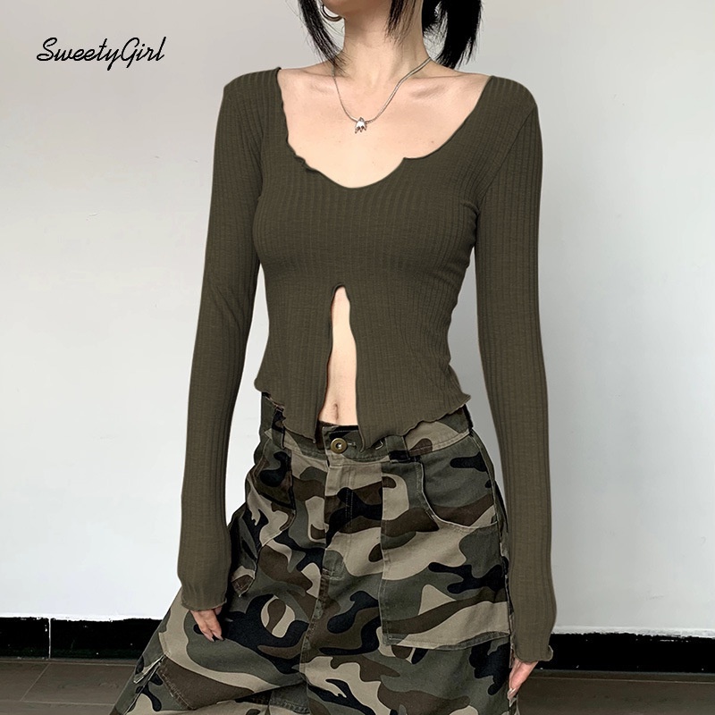 Áo Thun Tay Dài Cổ Tròn Khoét Sâu Eo Thấp Màu Trơn Thời Trang 2022 Quyến Rũ Cho Nữ