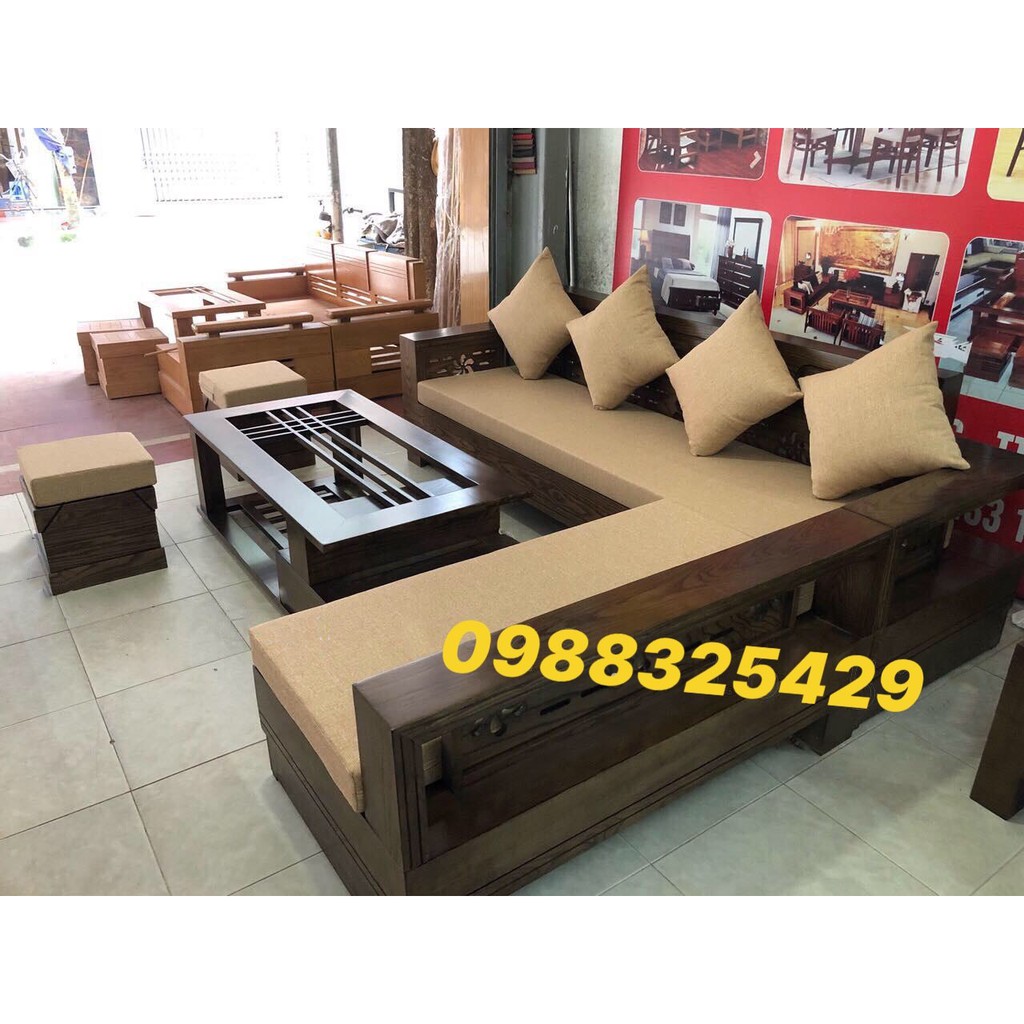 SOFA GỖ CHỮ L 2M7X1M8 ĐỆM DA NỈ CAO CẤP