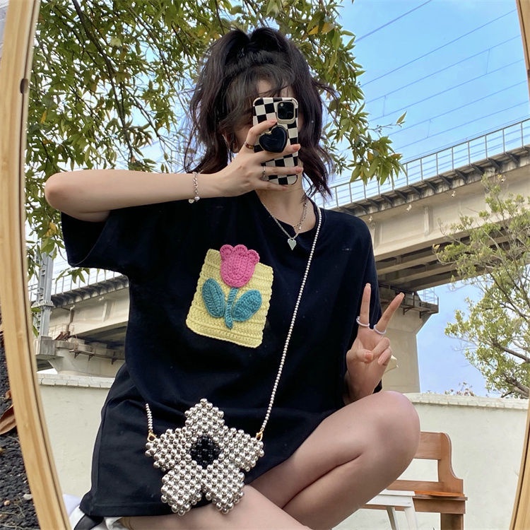 Áo Thun Nữ Ngắn Tay Có Túi In Hoa Mới