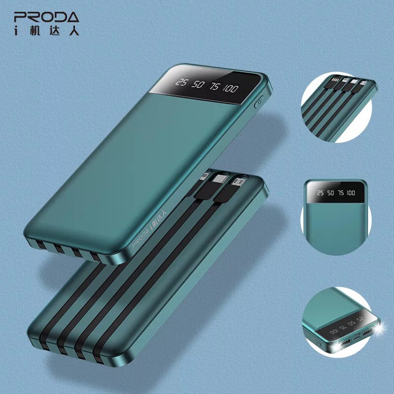 Pin Sạc Dự Phòng Proda PD P84 Dòng 10000mAh Kiêm Dây Sạc Có 4 Loại Chân USB, Micro, Type-C, Lightning Có Đèn Pin Màn Led