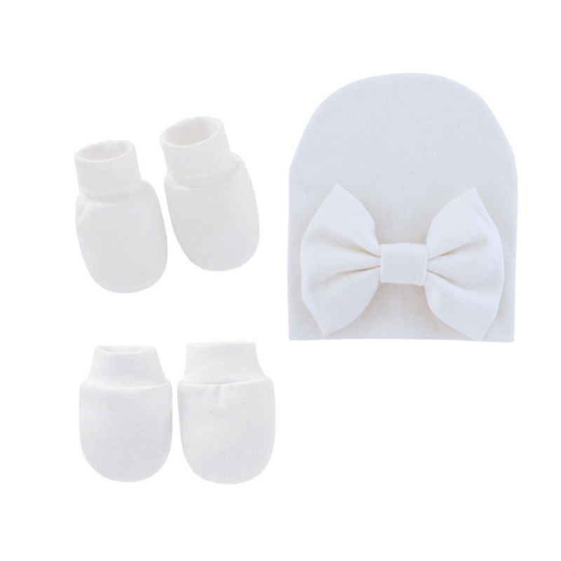 Bộ Găng Tay + Mũ + Vớ + Găng Tay Cotton Mềm Mại Đính Nơ Chống Trầy Xước Cho Bé Sơ Sinh