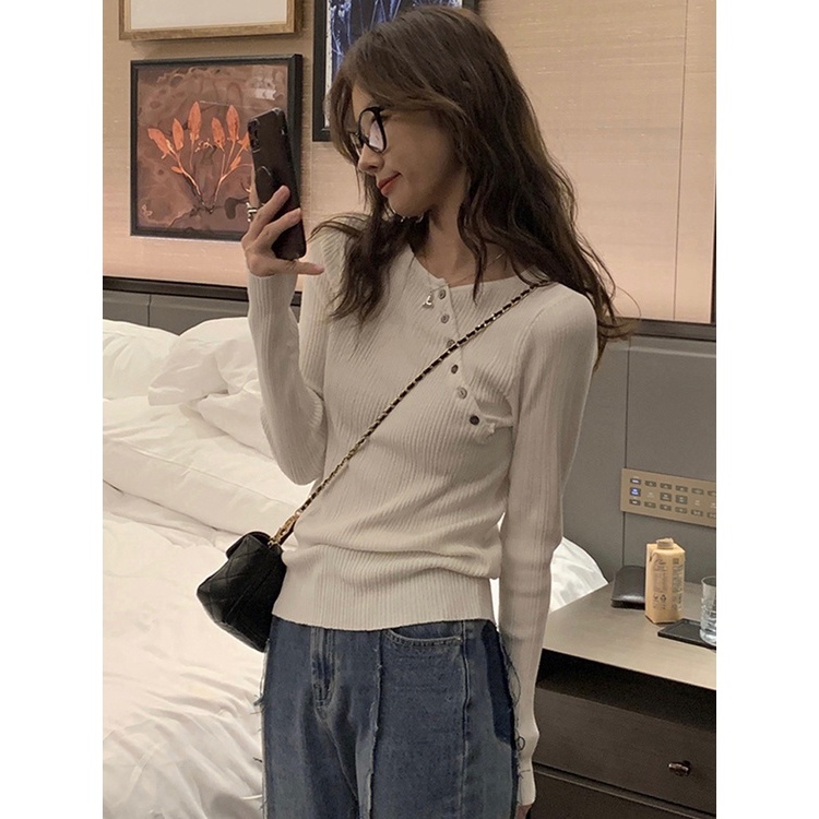 【ZHELIHANGFEI】Áo Thun Dệt Kim Tay Dài Dáng Ôm Phối Nút Chéo Dễ Phối Đồ