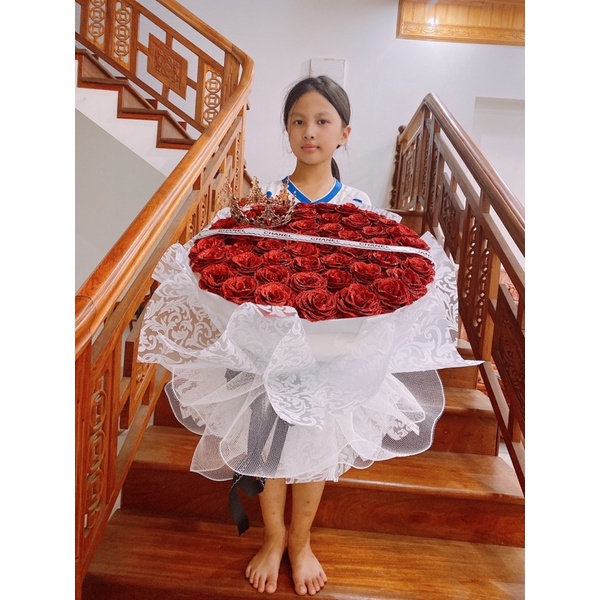 [Quà Tặng] Bó Hoa Nhũ 50 Bông Kèm Vương Miện,Đèn