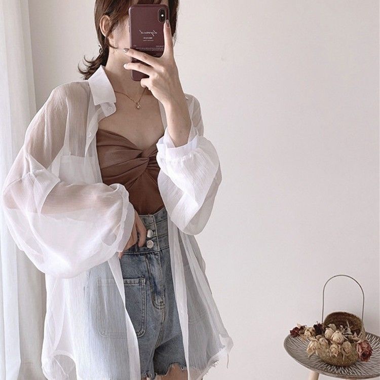 Áo Sơ Mi Voan Mỏng Xuyên Thấu Tay Dài Chống Nắng Phong Cách Mùa Hè Mới Cho Nữ
