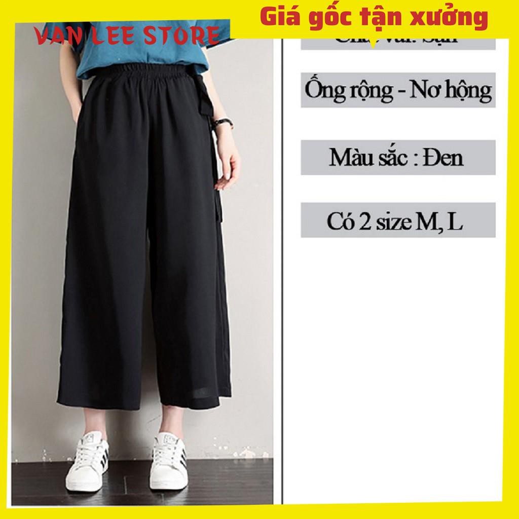 Quần ống rộng lửng nữ cạp chun VIETSTAR quần lửng baggy màu đen vải thun co giãn học sinh buộc nơ eo