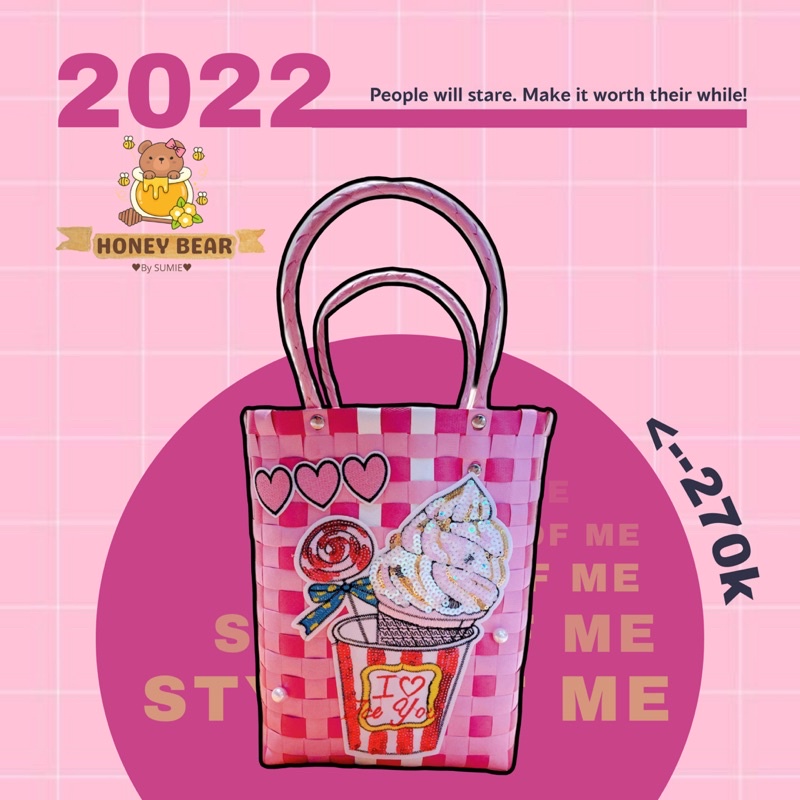 TÚI NHỰA ĐAN GẮN STICKER KEM CÀ REM LẤP LÁNH DỂ THƯƠNG - TÚI ĐI CHƠI - TÚI SIZE LỚN - SP000974