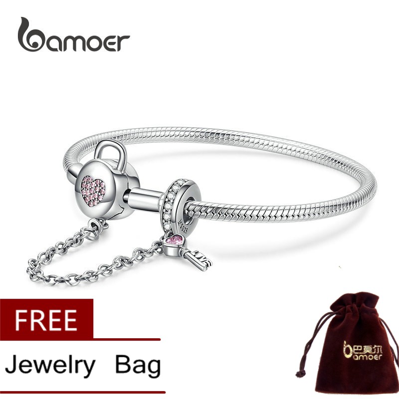Vòng đeo tay BAMOER SCB143 bạc sterling 925 kiểu trái tim và chìa khóa thời trang