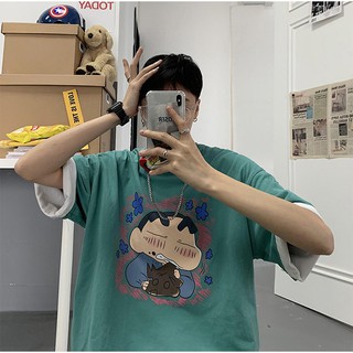 Áo thun nam nữ unisex tay lỡ SHIN TINH NGHỊCH oversize 3 màu trắng đen xanh lá cotton dáng xuông