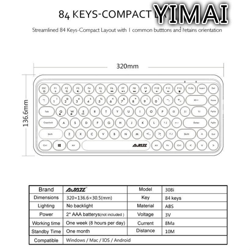 Bàn phím bluetooth không dây Ajazz 308i có 84 nút tròn chuyên dụng cho chơi game