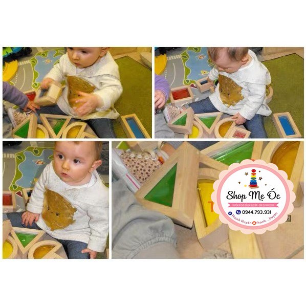 (Hàng có sẵn) Khối gỗ sáng tạo Sensory Blocks 16pcs xuất khẩu Anh (Có hạt, cát và chất lỏng)