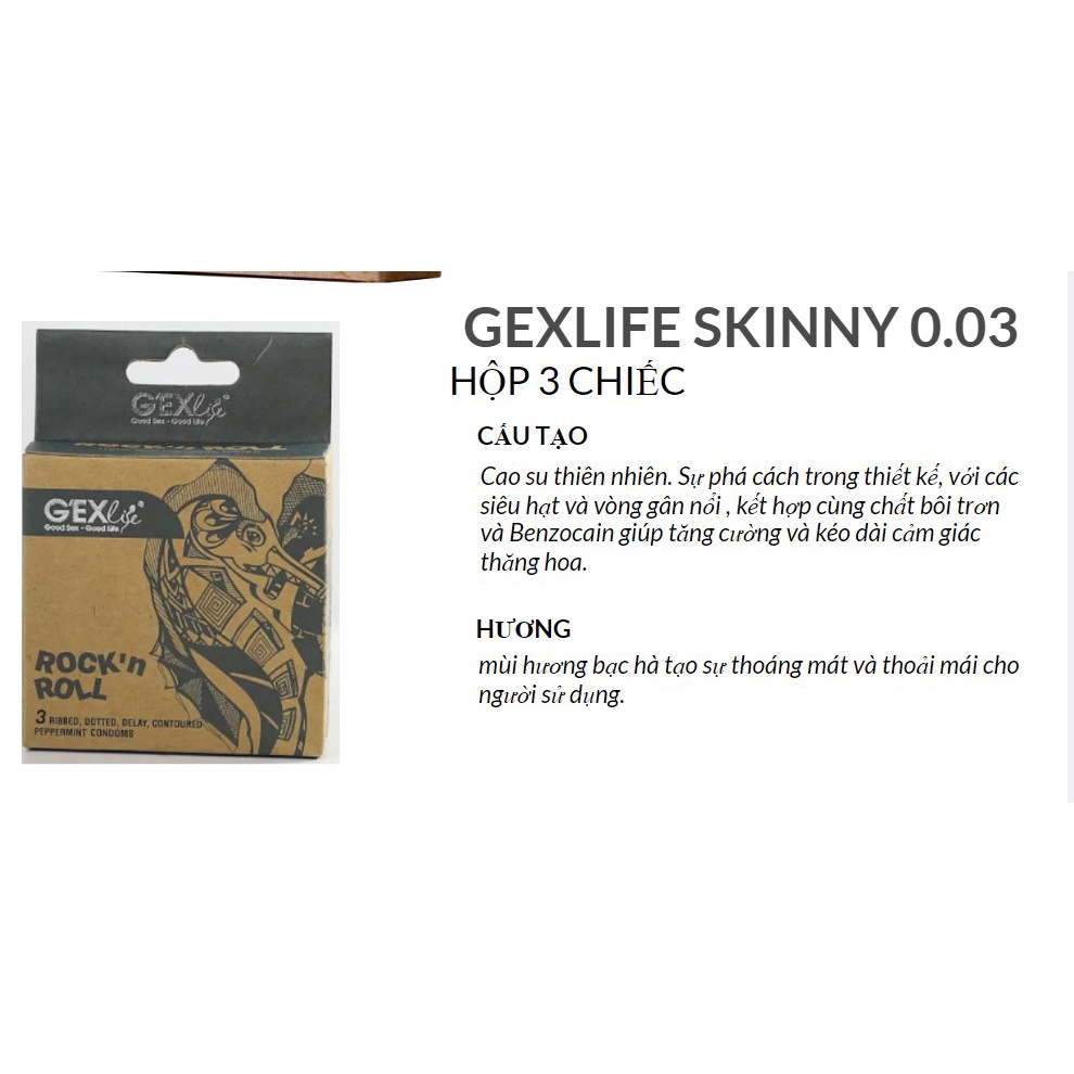 Bao cao su GEXlife RocknRoll bạc hà, bcs siêu mỏng gân gai hạt nổi kéo dài thời gian quan hệ