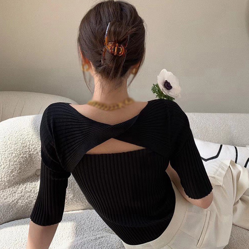 QKOOLE Áo dệt kim nữ  ngắn tay dáng ôm thời trang gợi cảm