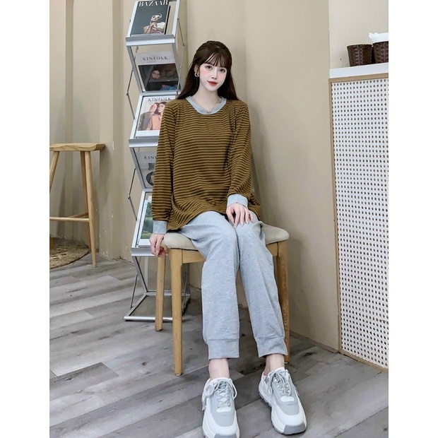Bộ Da Cá Hoạ Tiết Kẻ Ngang Áo Dài Quần Dài Mặc Thu Đông Cho Bầu Siêu Hot