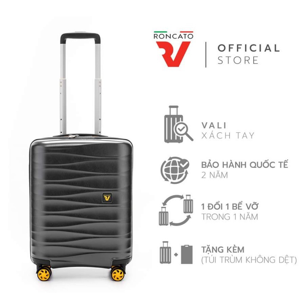 Vali du lịch Roncato Stellar 20 inch, nhựa ABS chống va đập, khóa mã số TSA tiêu chuẩn quốc tế, bánh xe kép xoay 360 độ