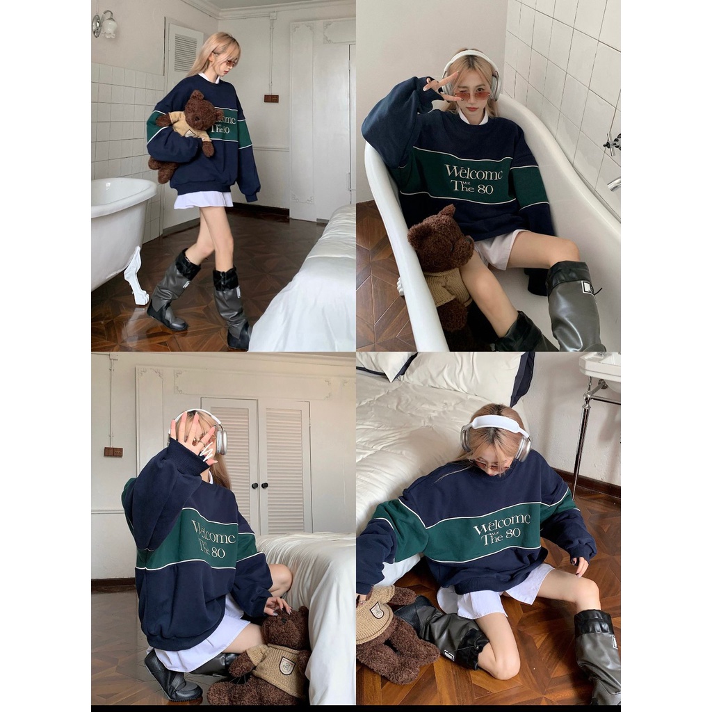 「MOTEL7」 Áo Sweatshirt Cổ Tròn Tay Dài Dáng Rộng In Chữ Feel Màu Sắc Retro Mỹ