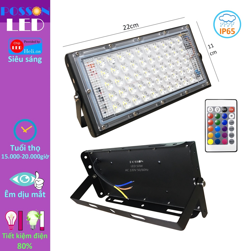 Đèn Led pha đổi nhiều màu RGB 50w 220v kèm điều khiển hắt tường rọi cây IP65 dùng được dưới mưa