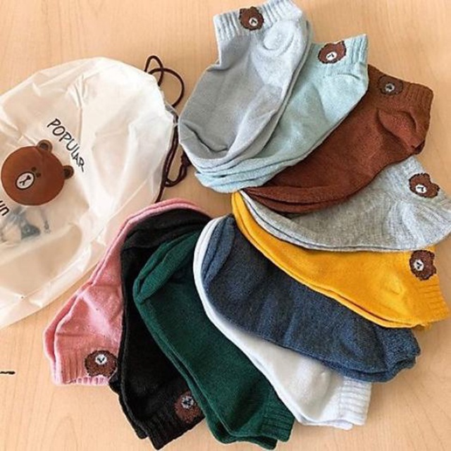 Combo 10 Đôi Tất Nữ Cổ Ngắn Hình Gấu Kute Tặng Kèm Túi Rút Dễ Thương