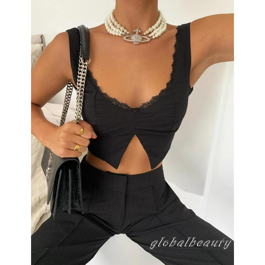 Áo Lửng Không Tay Viền Ren Thời Trang Quyến Rũ Cho Nữ