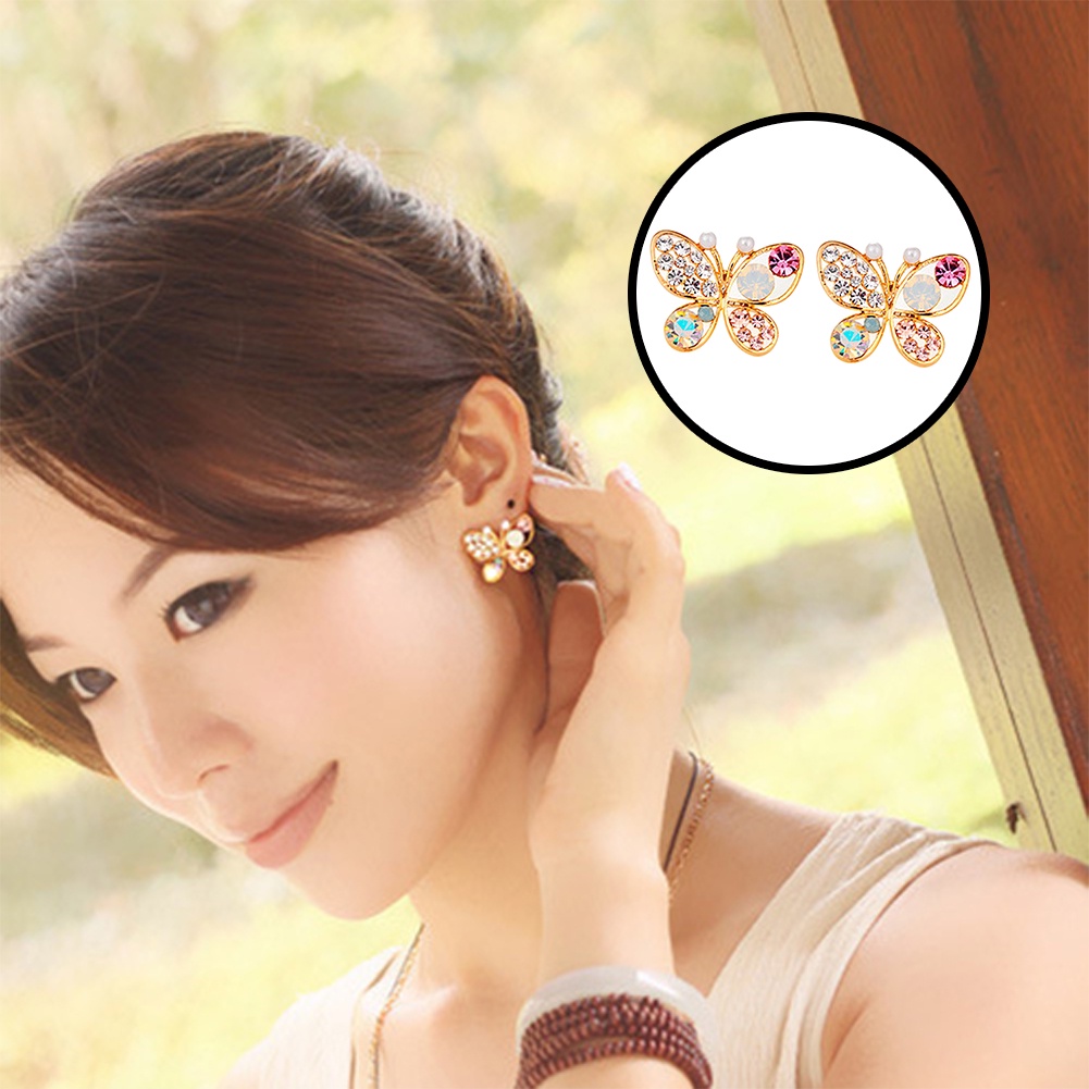 Khuyên Tai Hình Bướm Đính Đá Ngọc Trai Nhiều Màu Sắc Thời Trang Mới