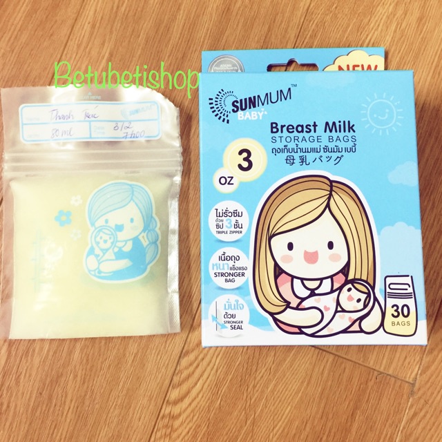 Hộp 30 túi trữ sữa Sunmum Thái Lan dung tích 100ml màu xanh