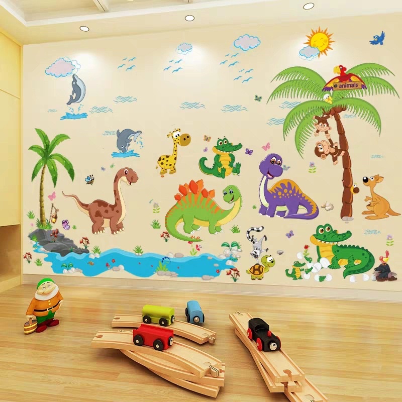 Combo decal thú mẫu khủng long + cá xấu dán phòng cho bé