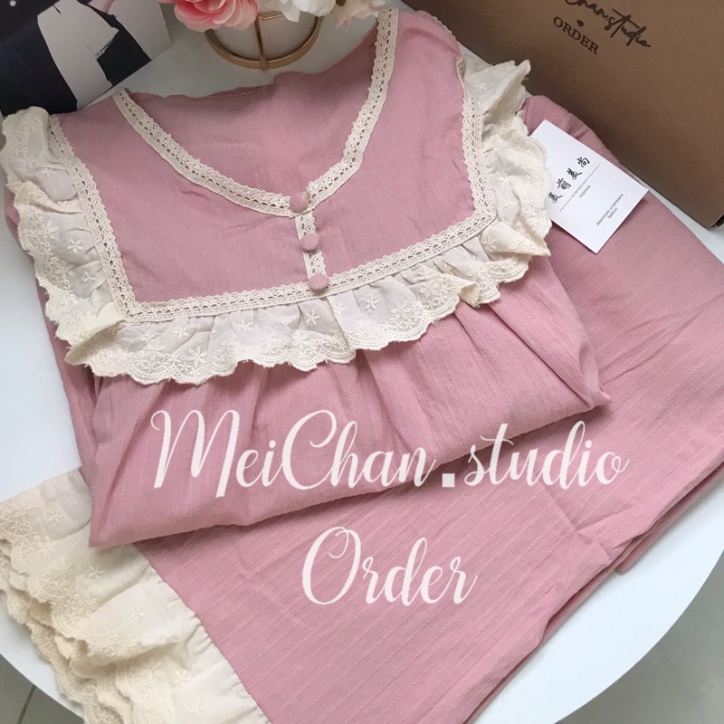 ĐỒ BỘ NỮ MẶC NHÀ tay dài cổ phối bèo viền ren tiểu thư Quảng Châu