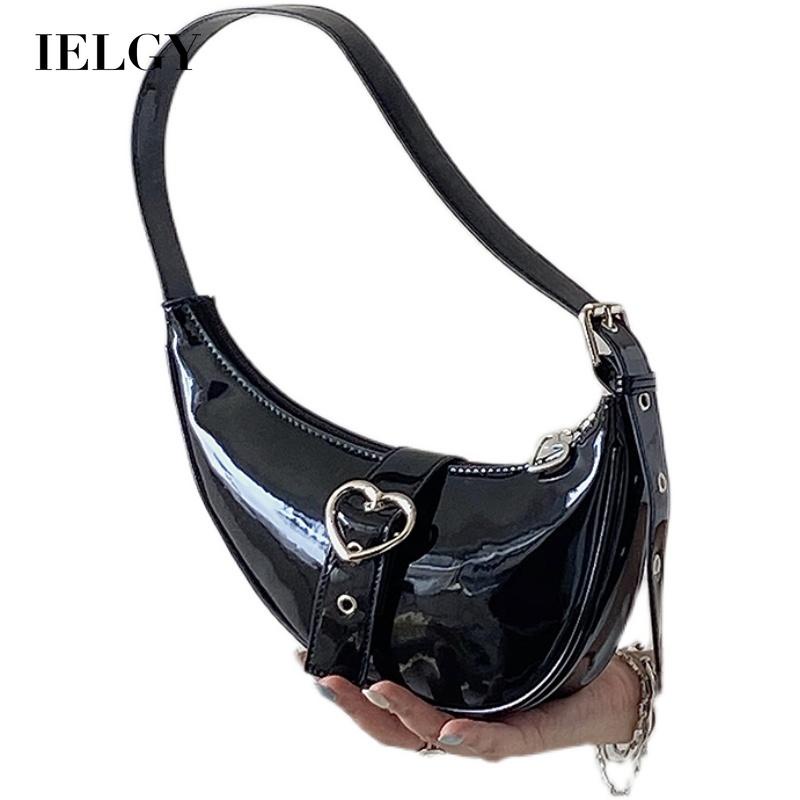 Túi đeo vai IELGY da bóng màu trơn có khóa kéo và khóa cài trái tim thời trang dành cho nữ