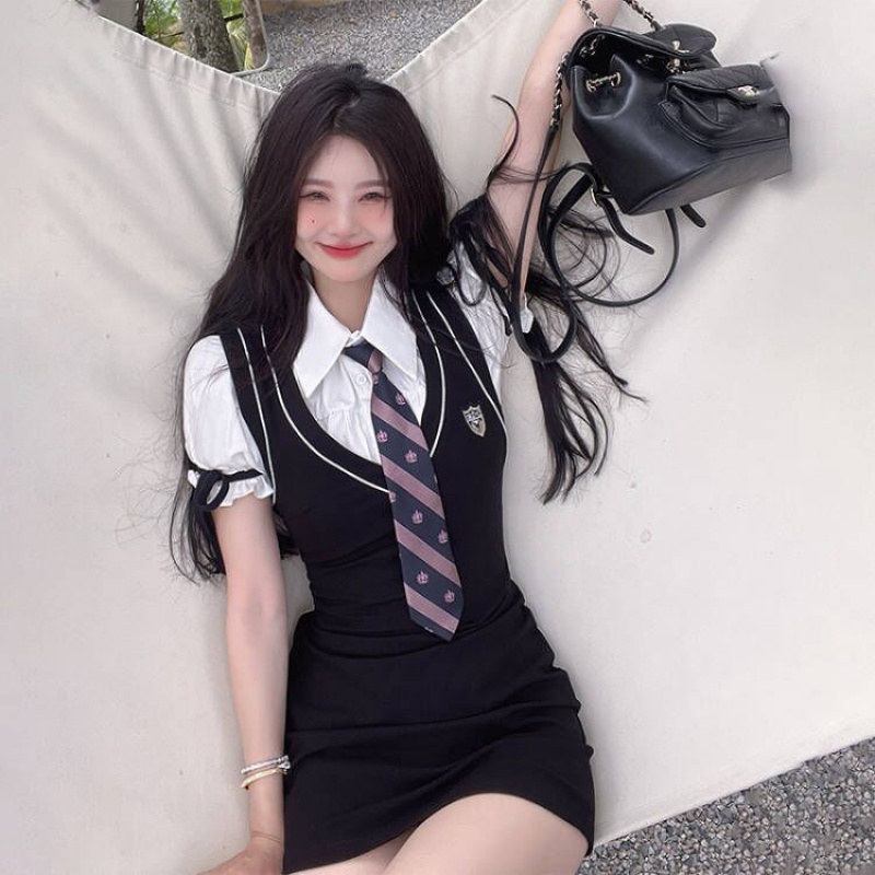 Bộ Đồng Phục Giả Hai Mảnh Gồm Áo Tay Phồng Và Túi Phồng Phong Cách Preppy Ngọt Ngào Cho Nữ