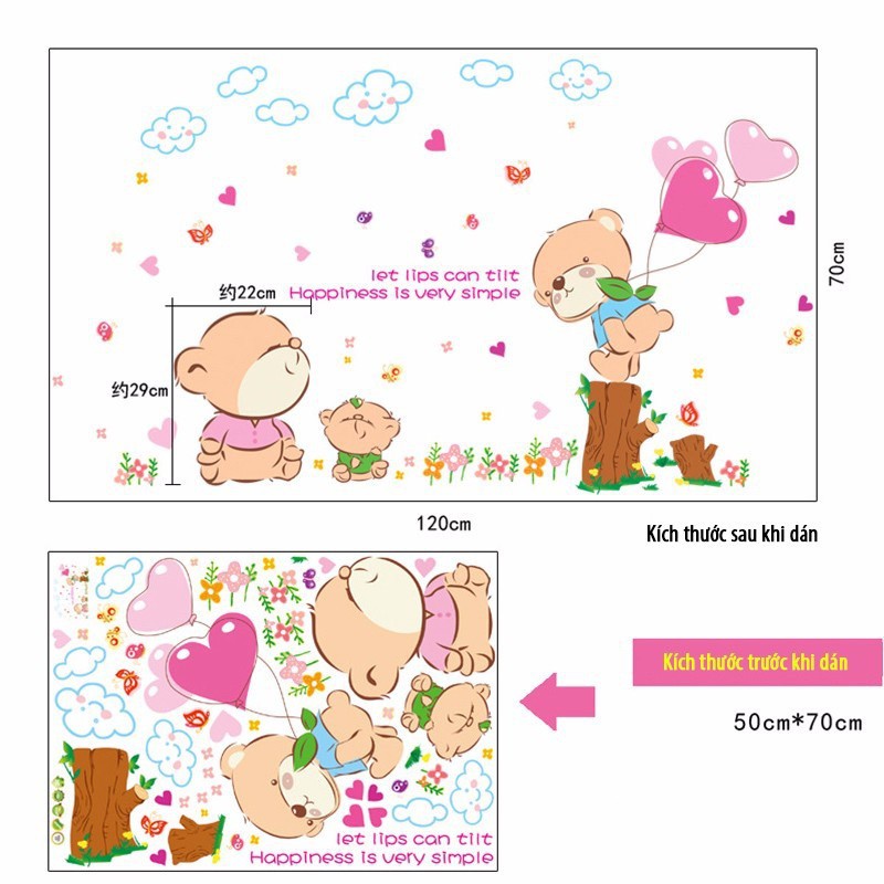 Tranh đề can trang trí dán tường tình yêu gia đình gấu và bóng bay hình trái tim, hình sticker decal dán tường cho bé