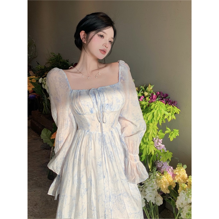 Jane Đầm tiểu thư dài dài phồng hoa văn lãng mạn kiểu Pháp 4 ảnh thật cuối