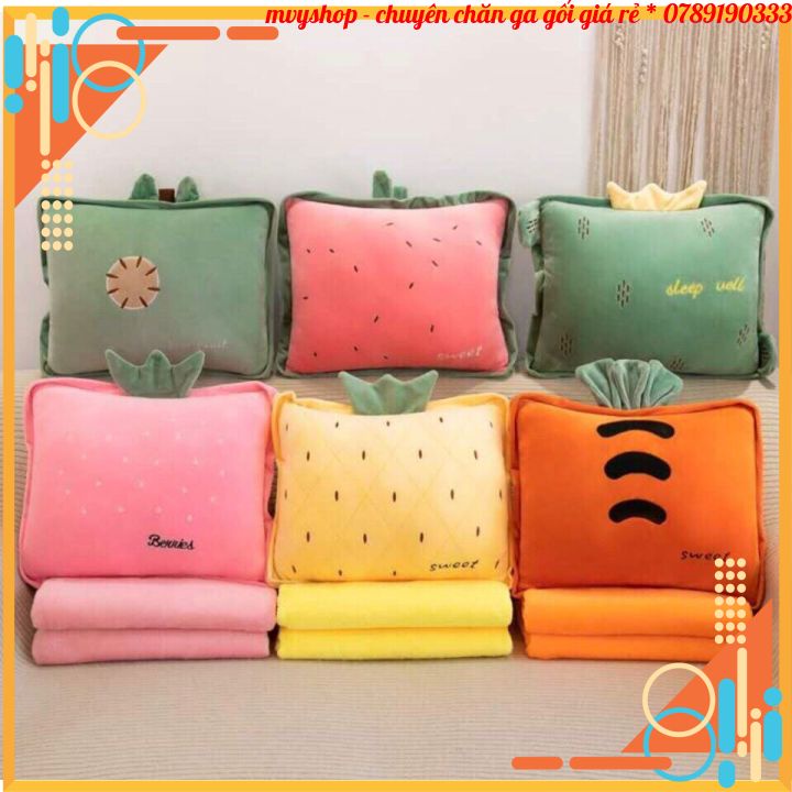 Bộ chăn gối văn phòng gấu bông, chăn kèm gối hình quả vuông, gối chăn gấu bông cho bé hình thú