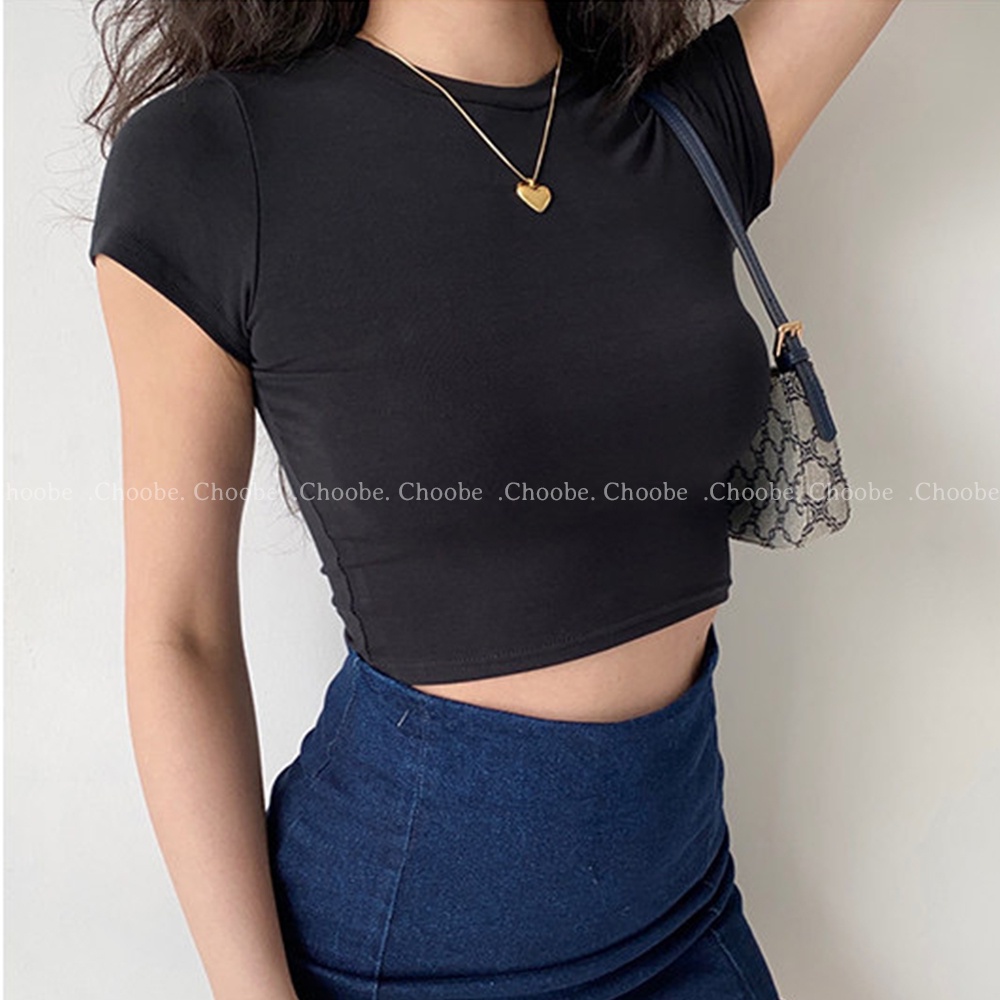 Áo croptop Choobe cổ tròn cộc tay vải thun ôm body crotop nữ cotton co giãn tốt A45 | BigBuy360 - bigbuy360.vn