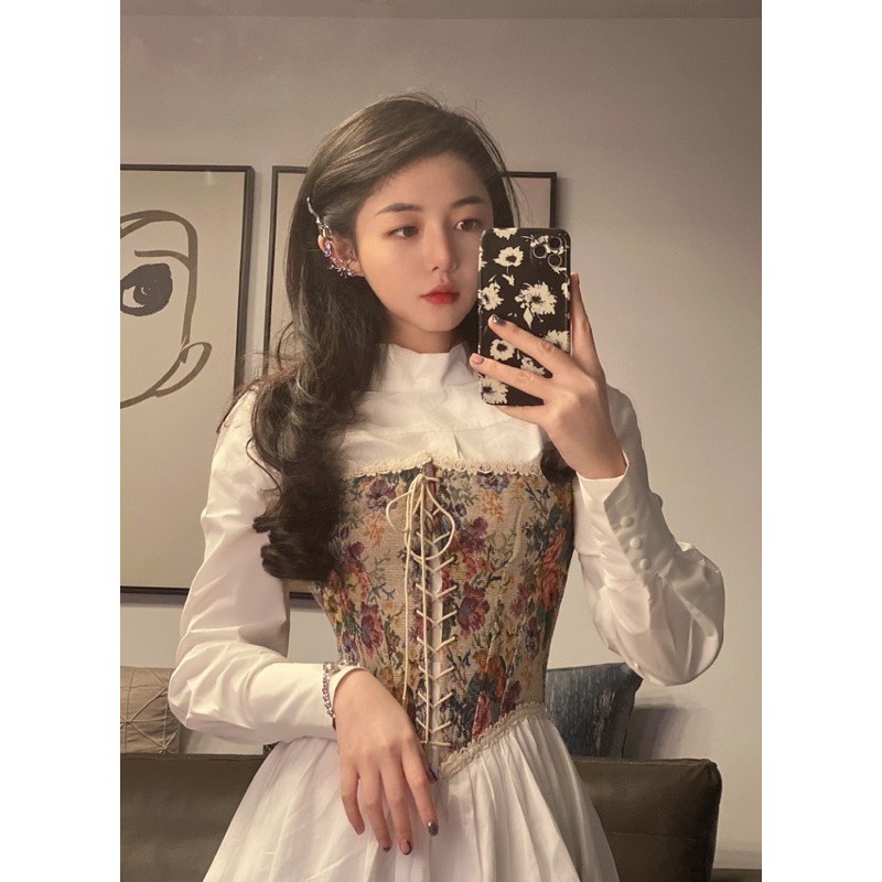 [SẴN]Set áo corset Victorian 2 lớp chuẩn QC+ hoạ tiết cổ điển vintage +đầm trắng tay dài chic ulzzang SAM SAM BOUTIQUE