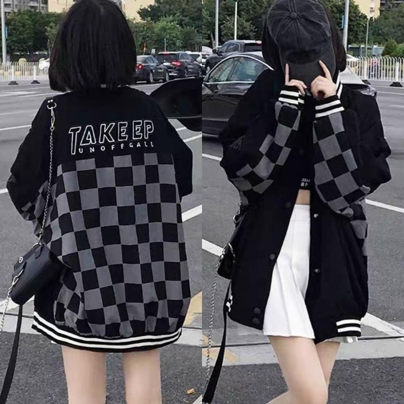 Áo bomber nam nữ, Áo khoác nỉ kẻ caro takep phom rộng tay bồng chất dày dặn phong cách ulzzang hàn quốc