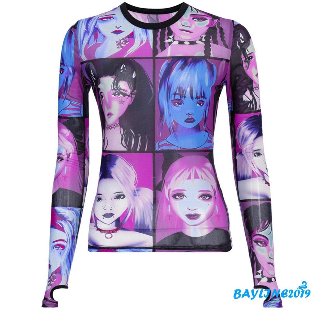 Áo croptop tay dài cổ tròn in hình khuôn mặt nhiều màu sắc dành cho nữ