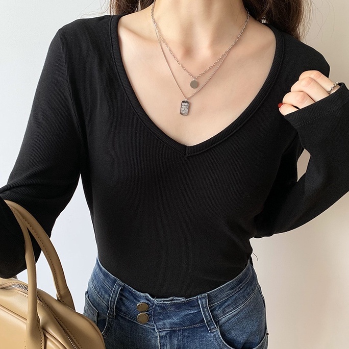 Áo dệt kim tay dài cổ chữ V phong cách mới 46141