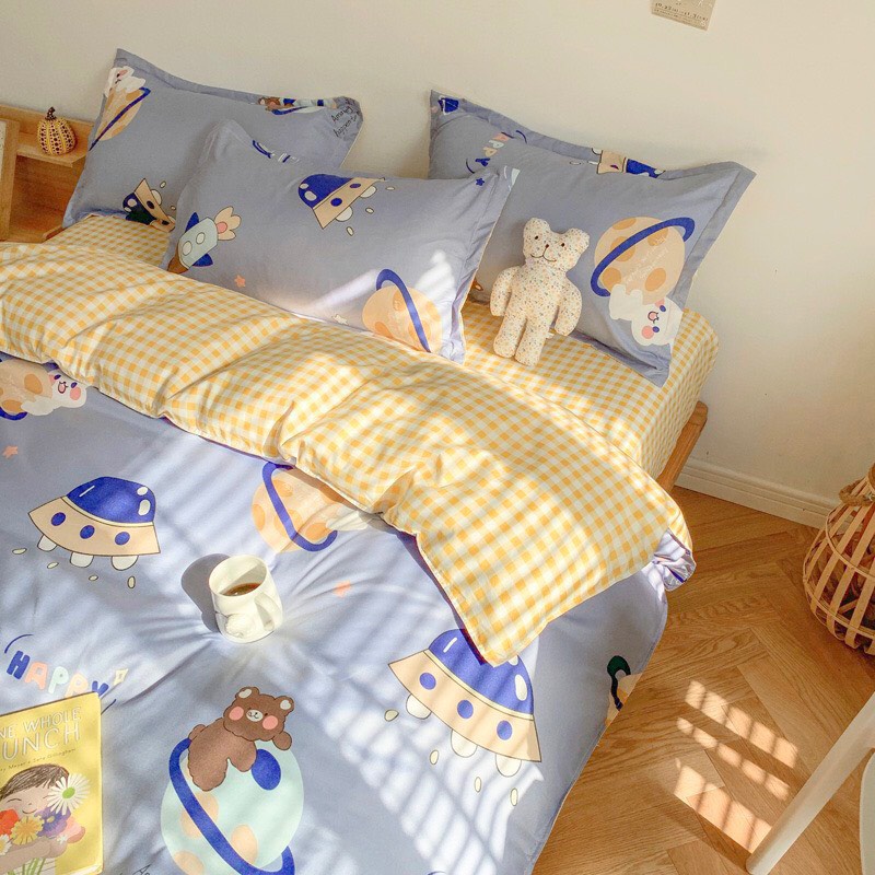 Bộ chăn ga gổi cotton poly - Mẫu đĩa bay xanh,
