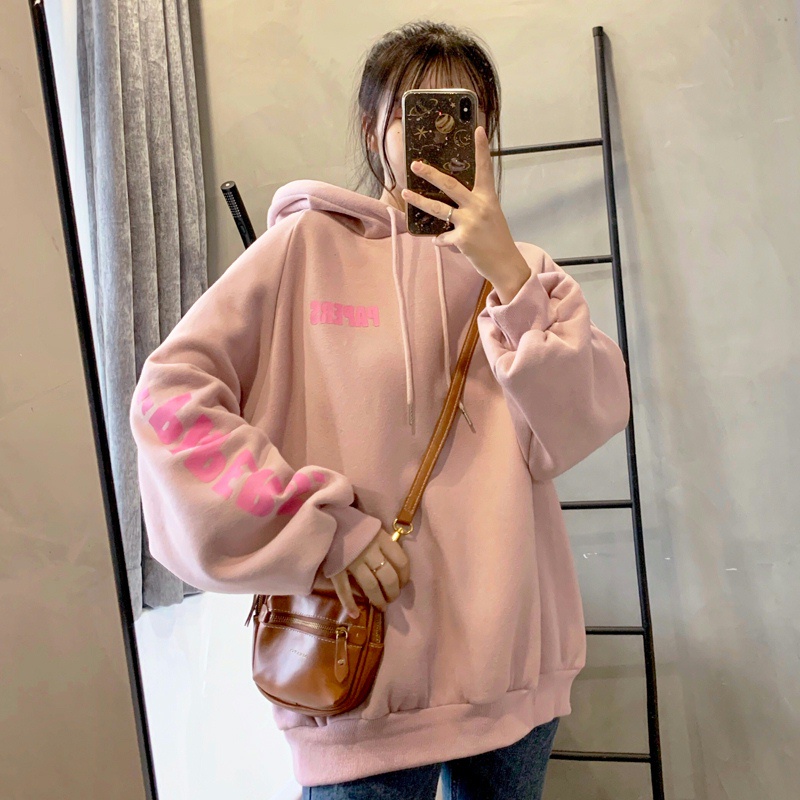 Áo hoodie nữ form rộng dài tay mũ trùm đầu FIRST DATE màu hồng dễ thương SMZ | BigBuy360 - bigbuy360.vn
