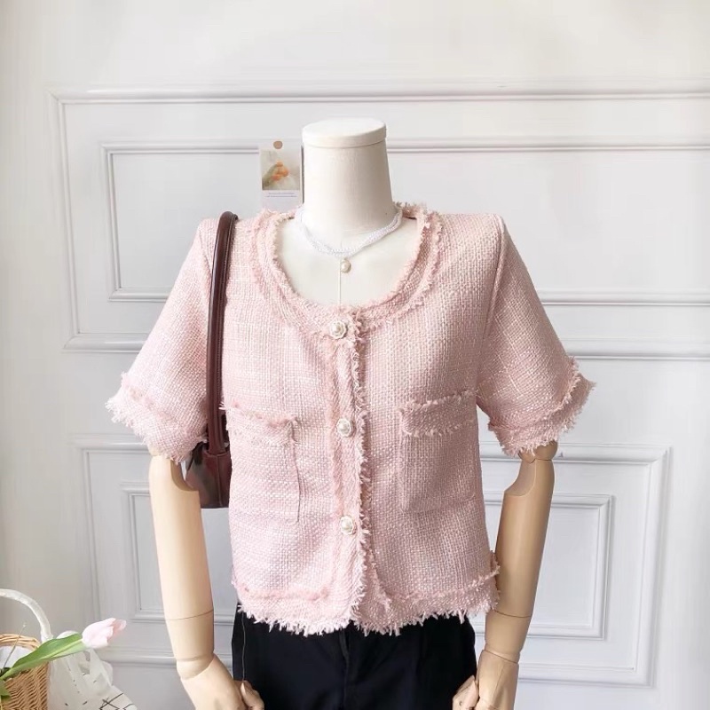 Áo khoác ngoài dạ tweed cúc sang chảnh croptop áo cổ tròn lửng xinh xắn hàn quốc